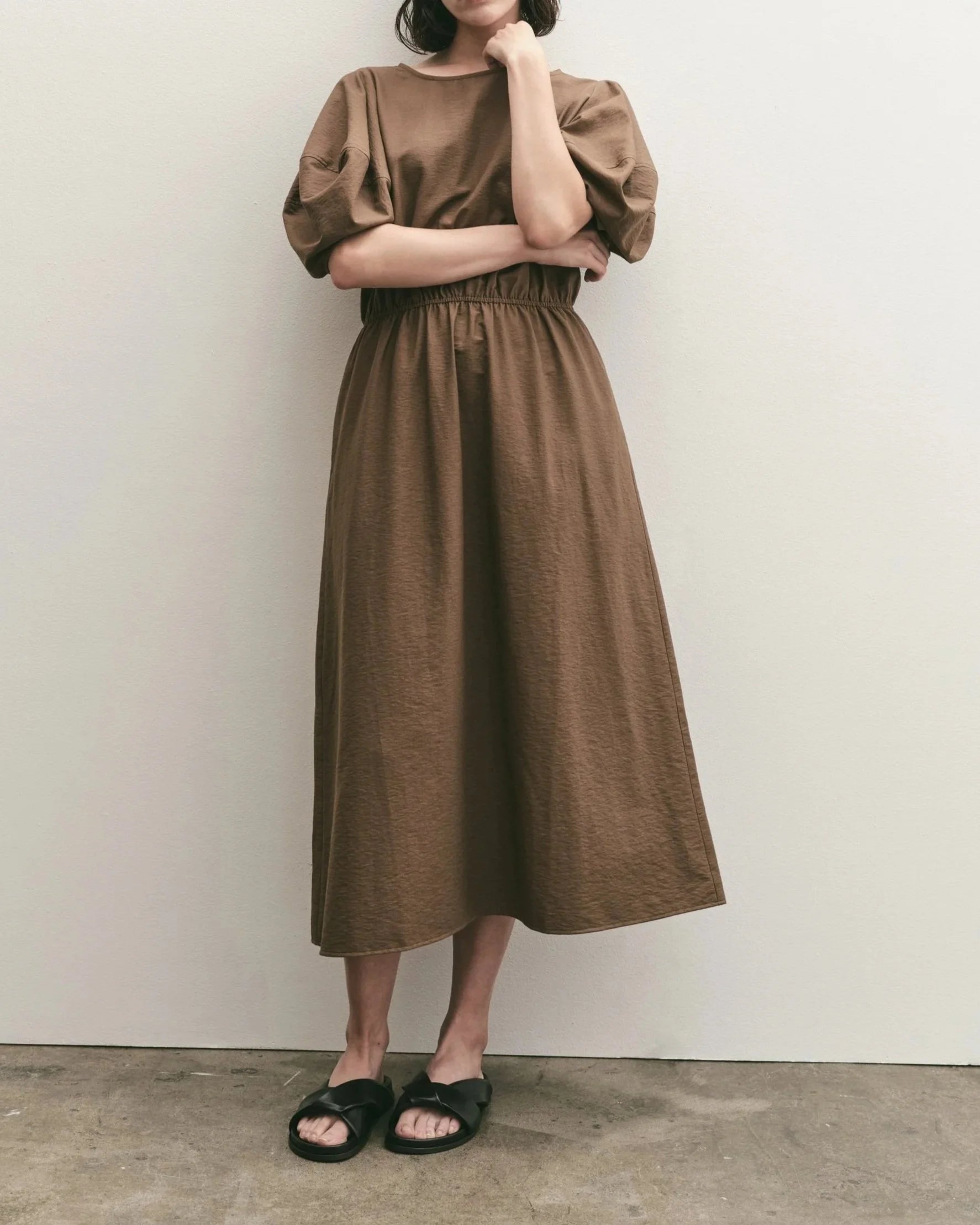 brown puff sleeve midi dress Brown Leather Puff Sleeve Midi Dress