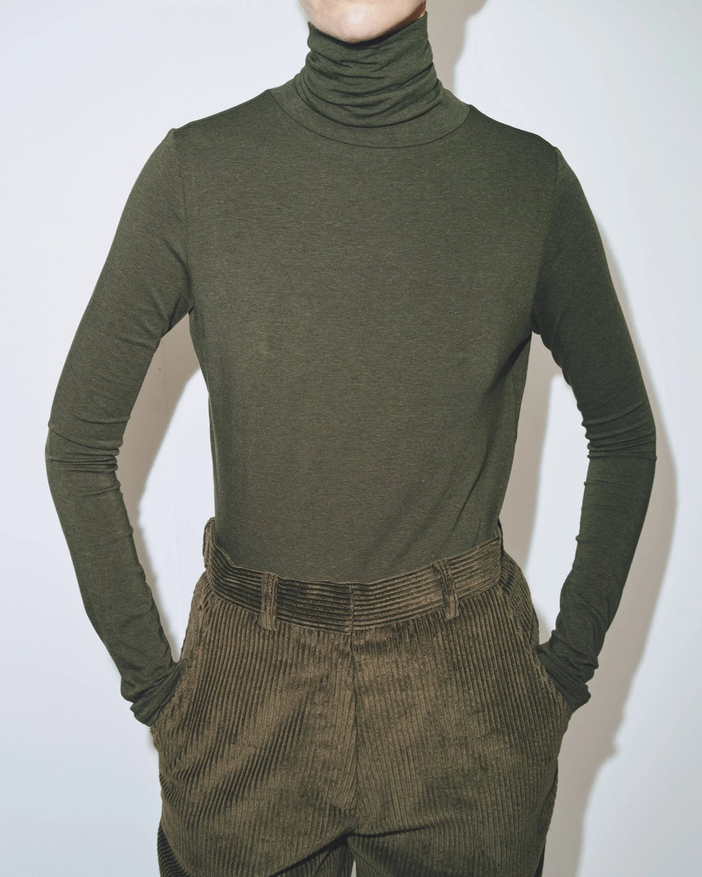 Roll Neck Jersey Top - Light Olive