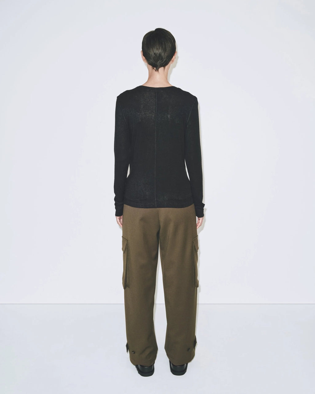 Wool Tencel Crew Neck Top - Black