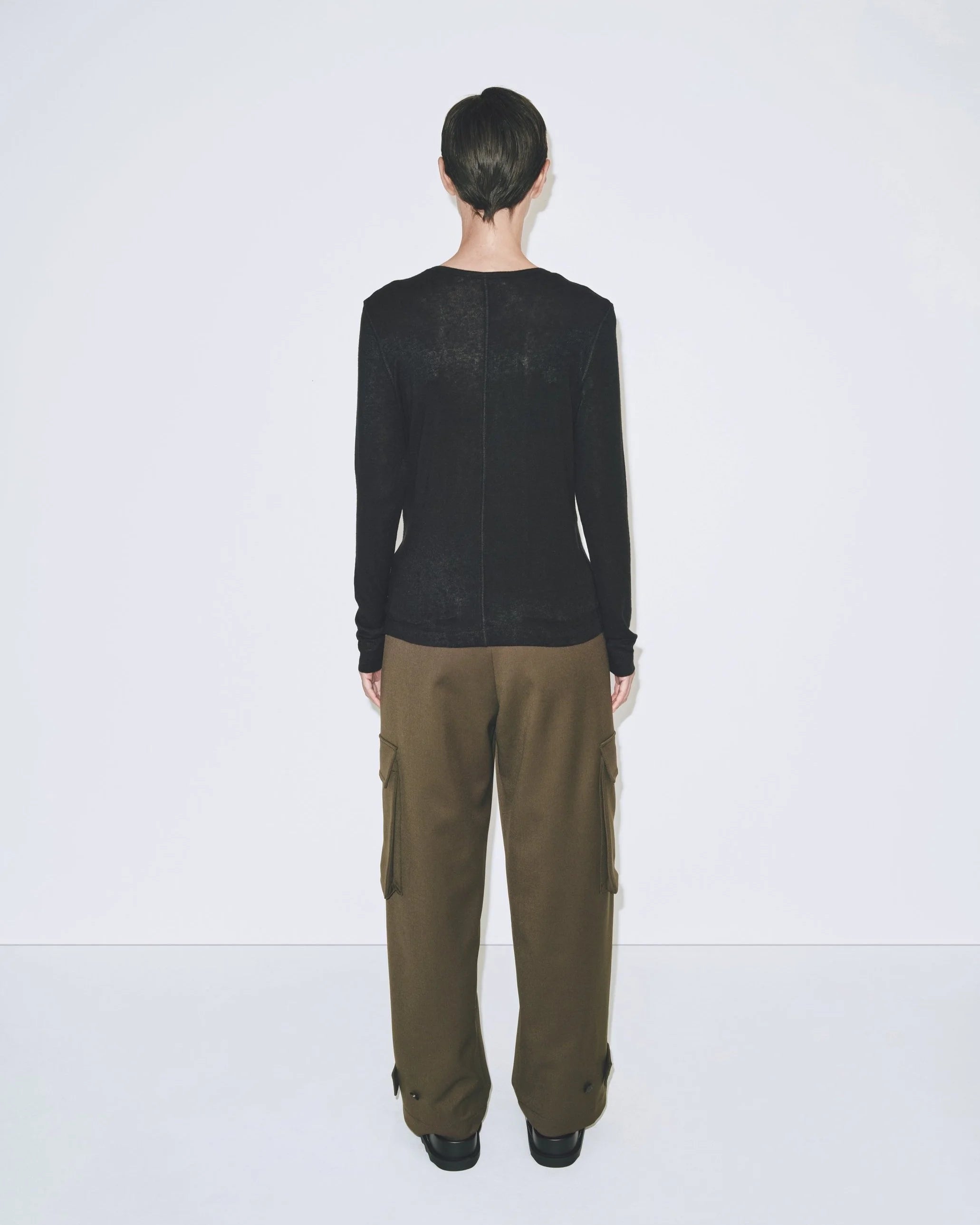 Wool Tencel Crew Neck Top - Black