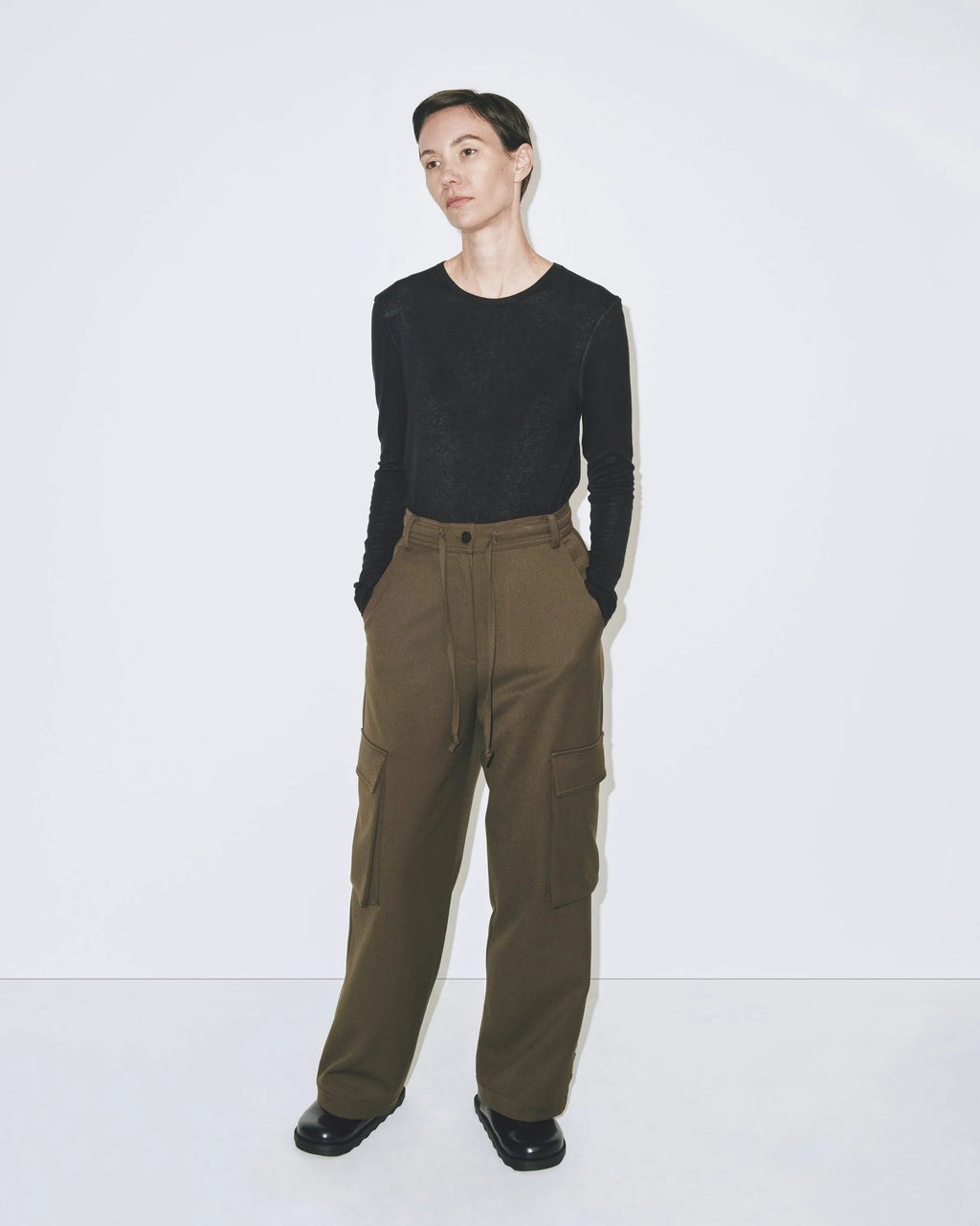 Wool Tencel Crew Neck Top - Black