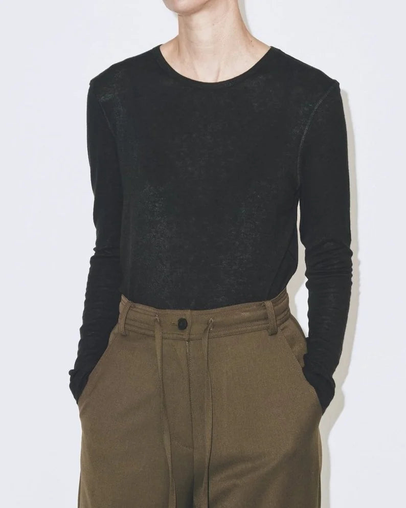 Wool Tencel Crew Neck Top - Black