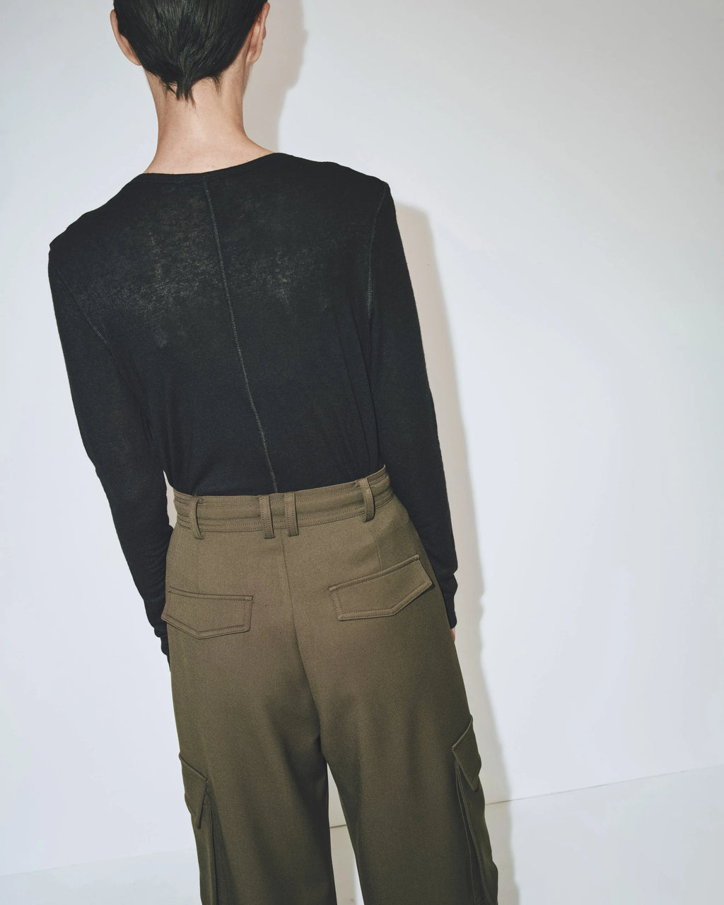 Wool Tencel Crew Neck Top - Black