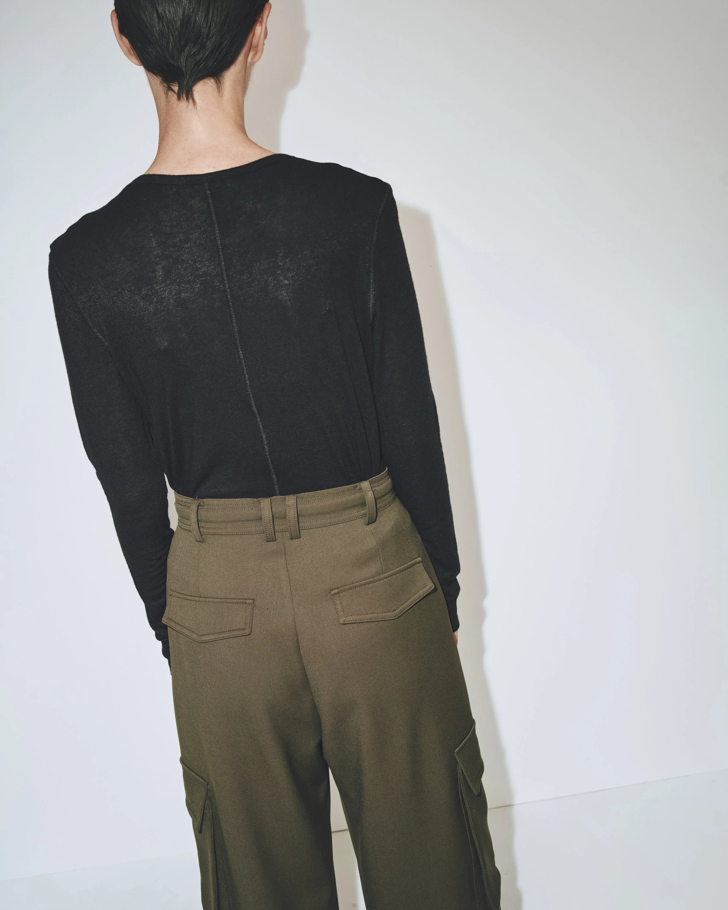 Wool Tencel Crew Neck Top - Black