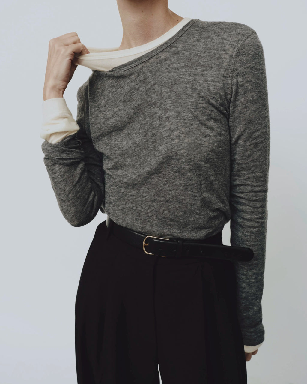 Wool Tencel Crew Neck Top - Heather Grey