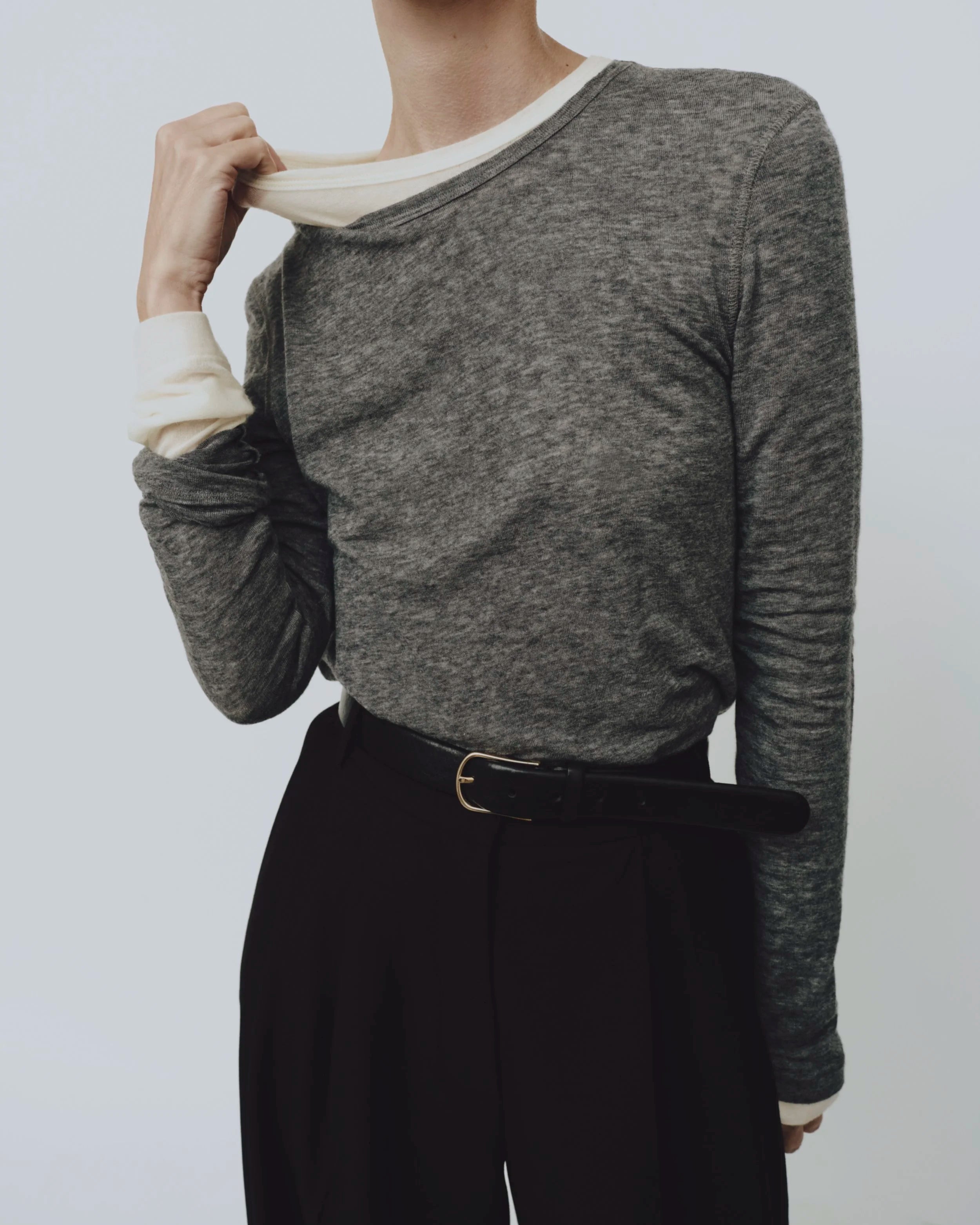 Wool Tencel Crew Neck Top - Heather Grey