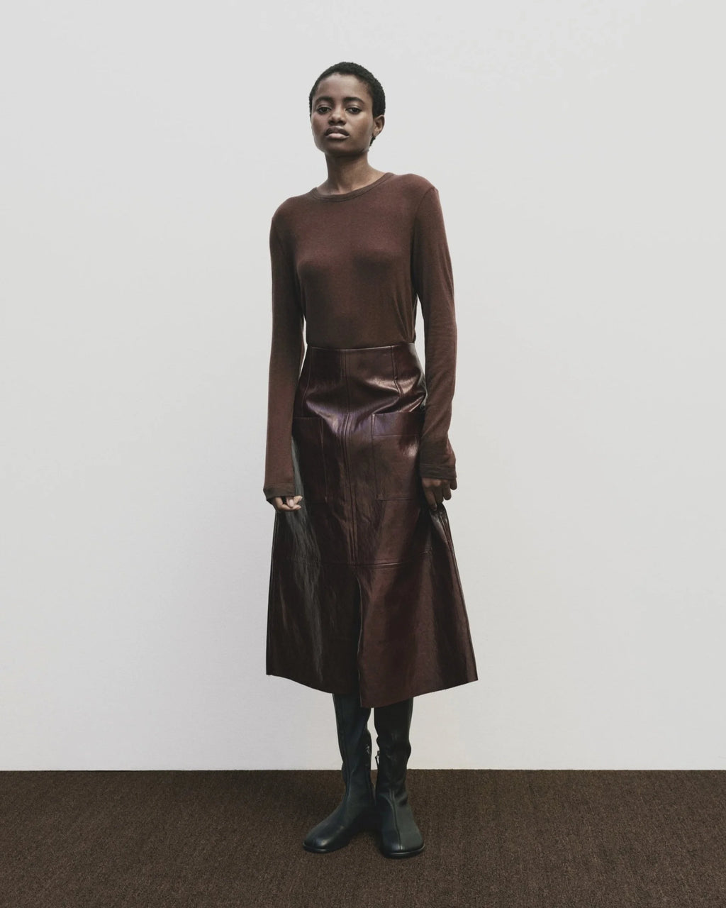 Wool Tencel Crew Neck Top - Brown