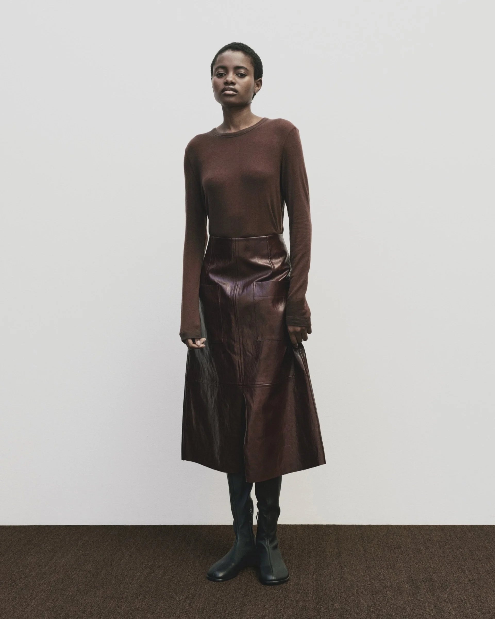 Wool Tencel Crew Neck Top - Brown