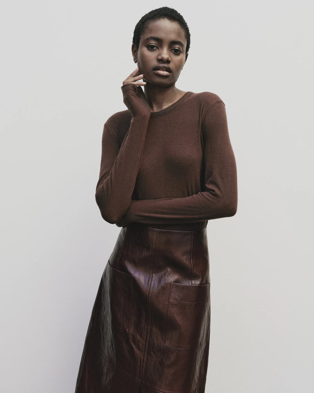 Wool Tencel Crew Neck Top - Brown