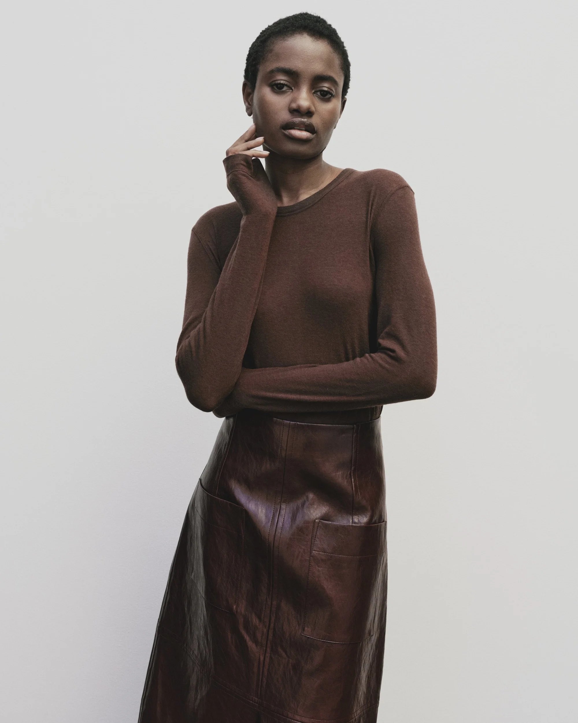 Wool Tencel Crew Neck Top - Brown