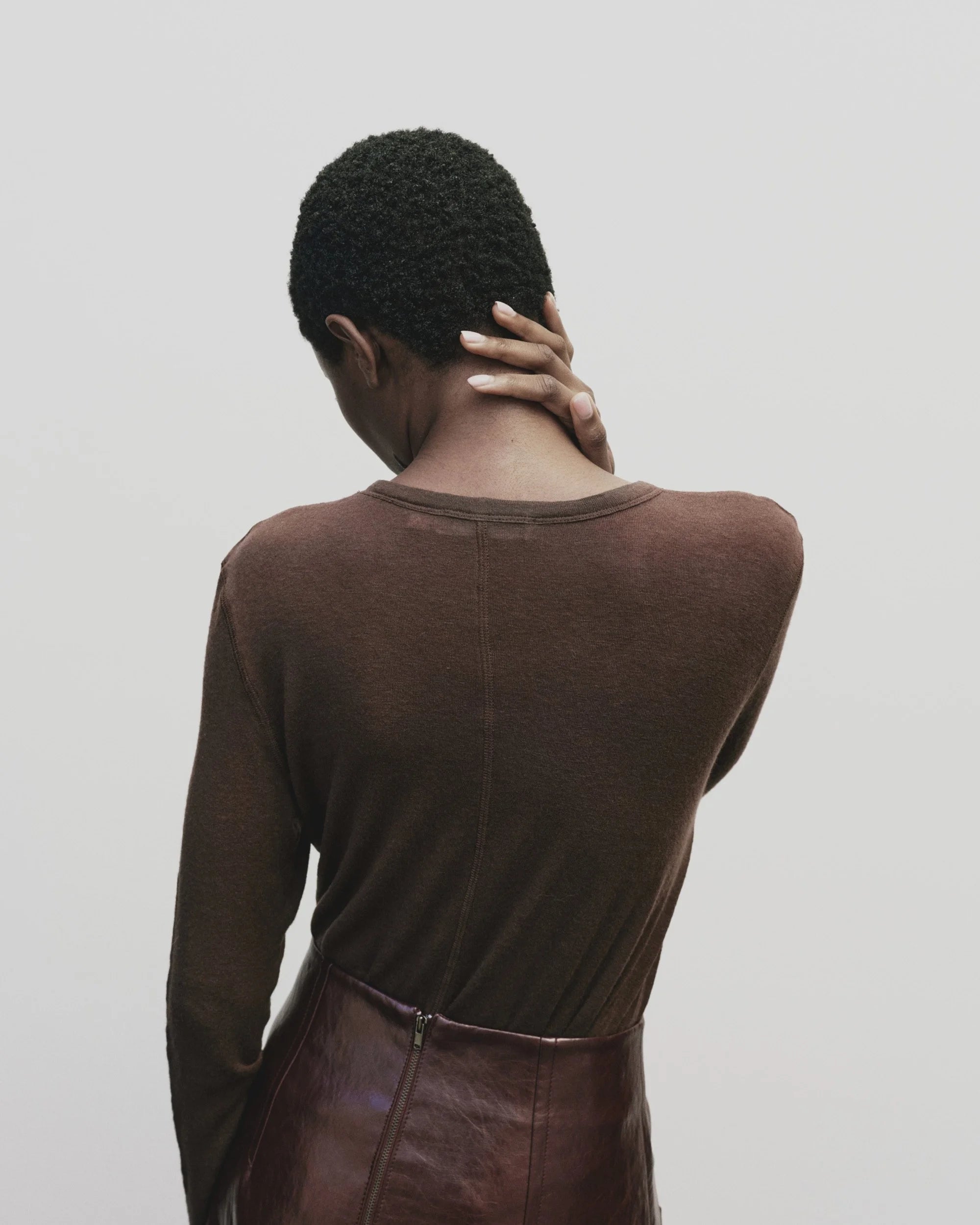 Wool Tencel Crew Neck Top - Brown