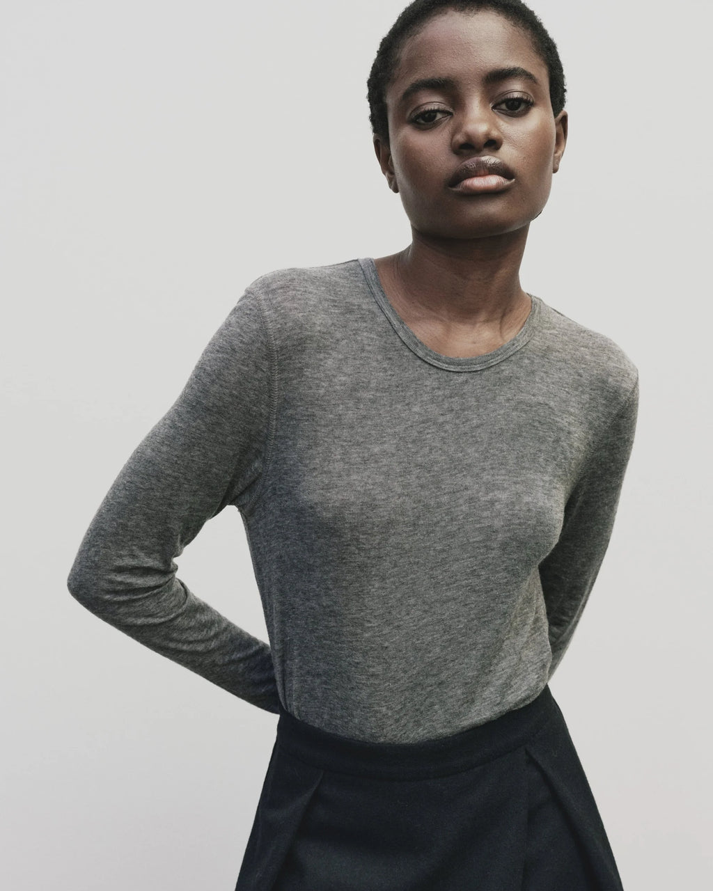 Wool Tencel Crew Neck Top - Heather Grey
