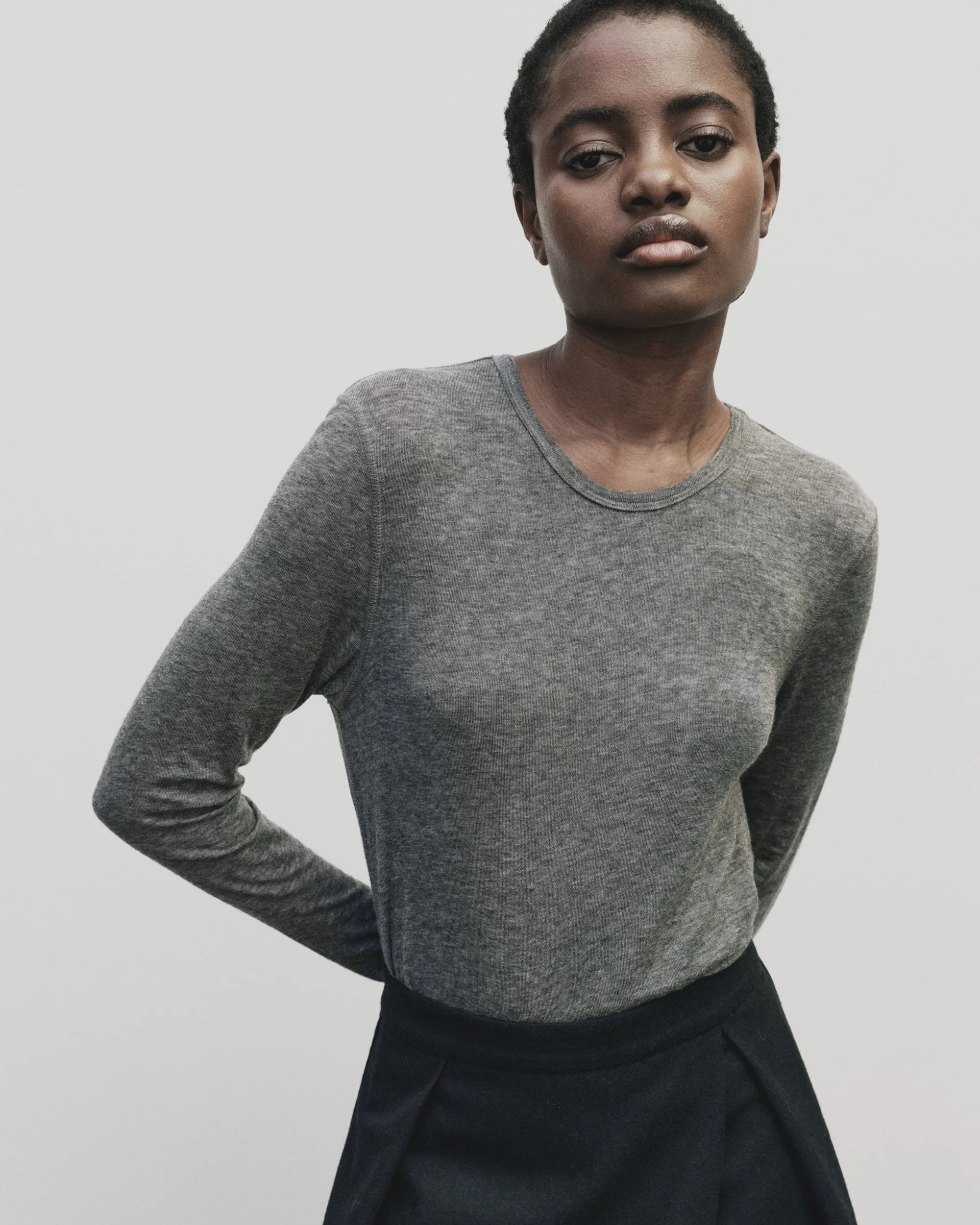 Wool Tencel Crew Neck Top - Heather Grey