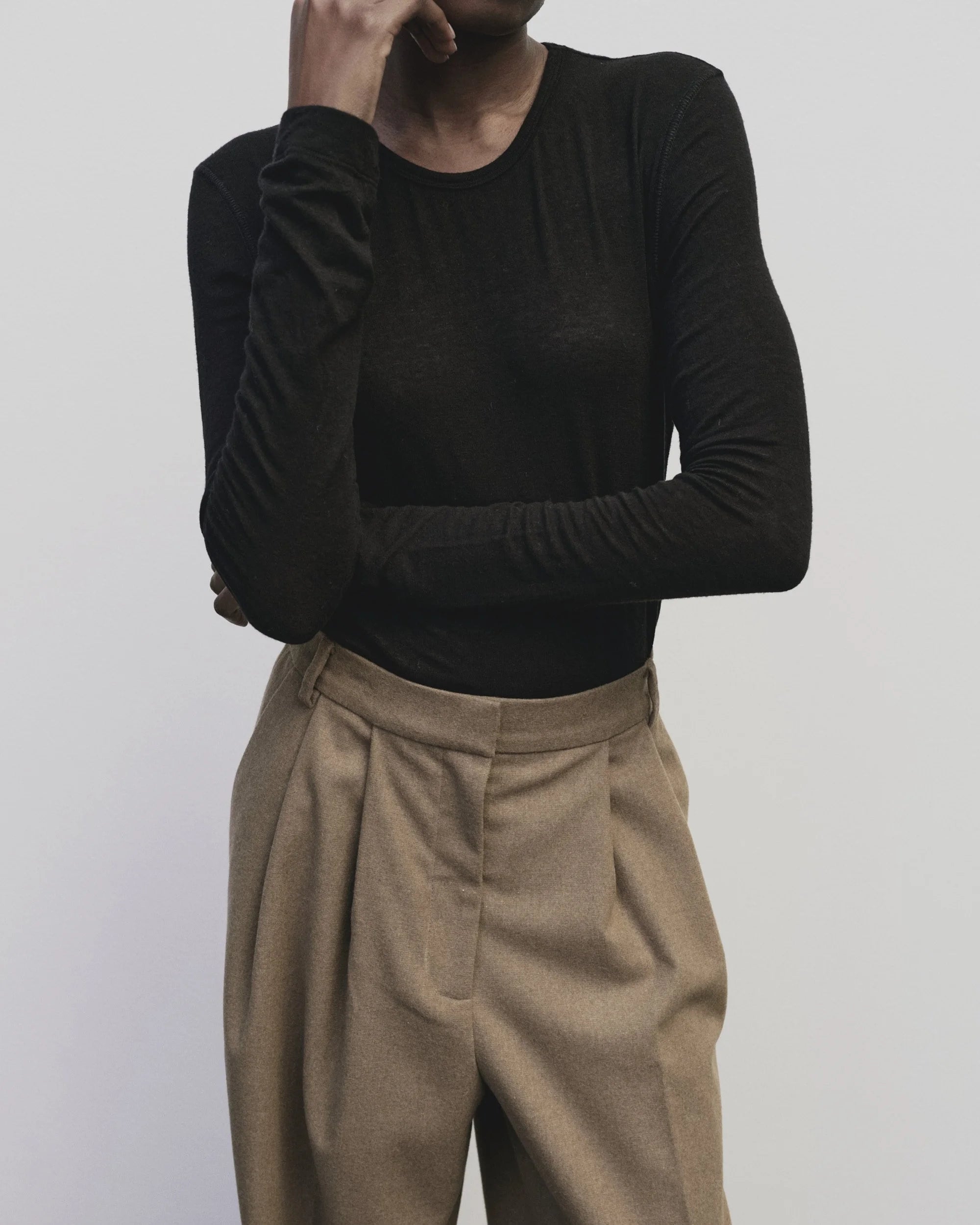 Wool Tencel Crew Neck Top - Black