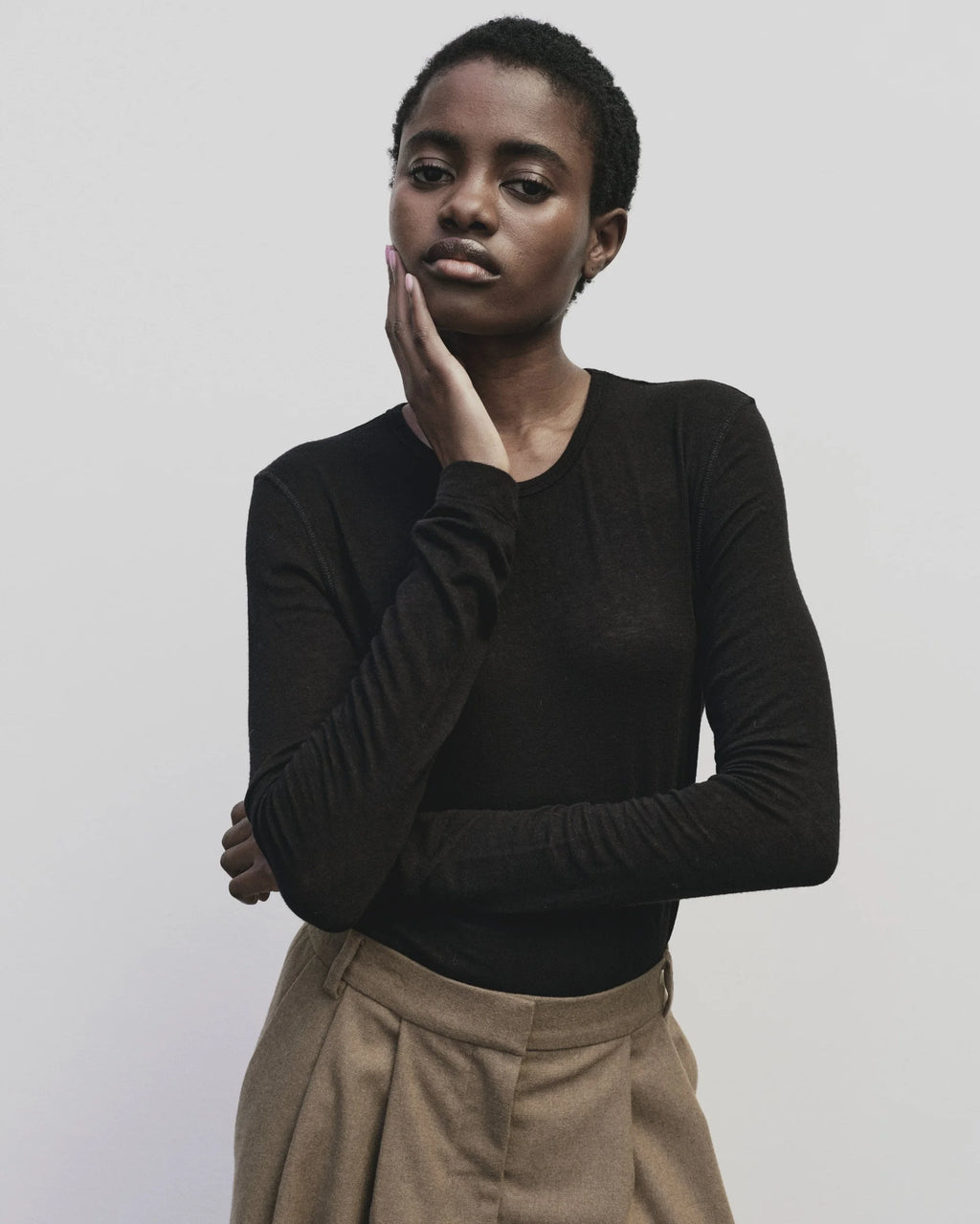 Wool Tencel Crew Neck Top - Black