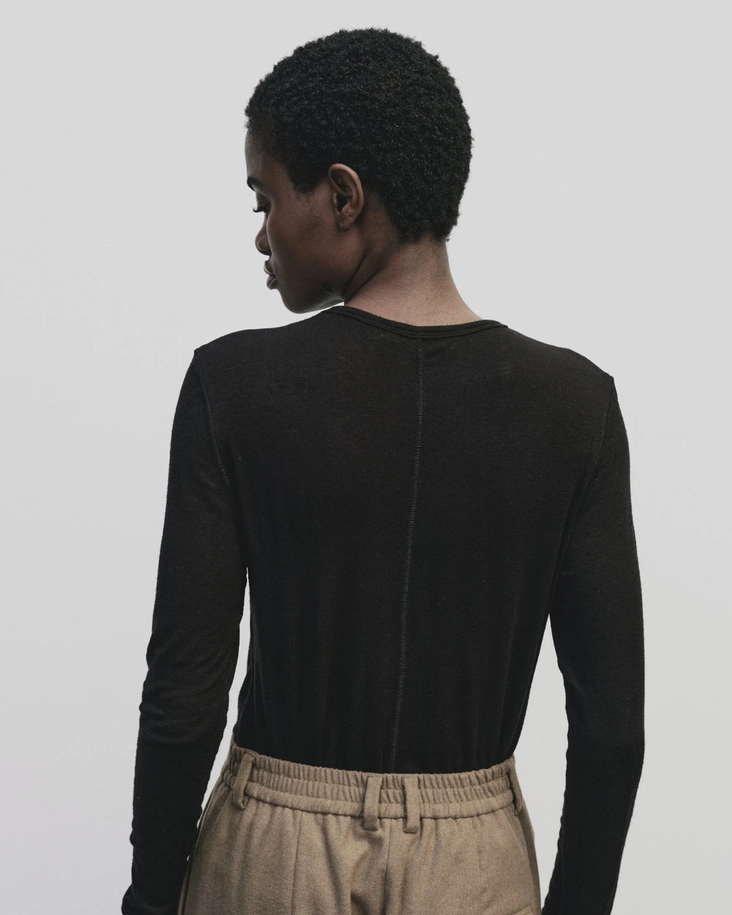 Wool Tencel Crew Neck Top - Black