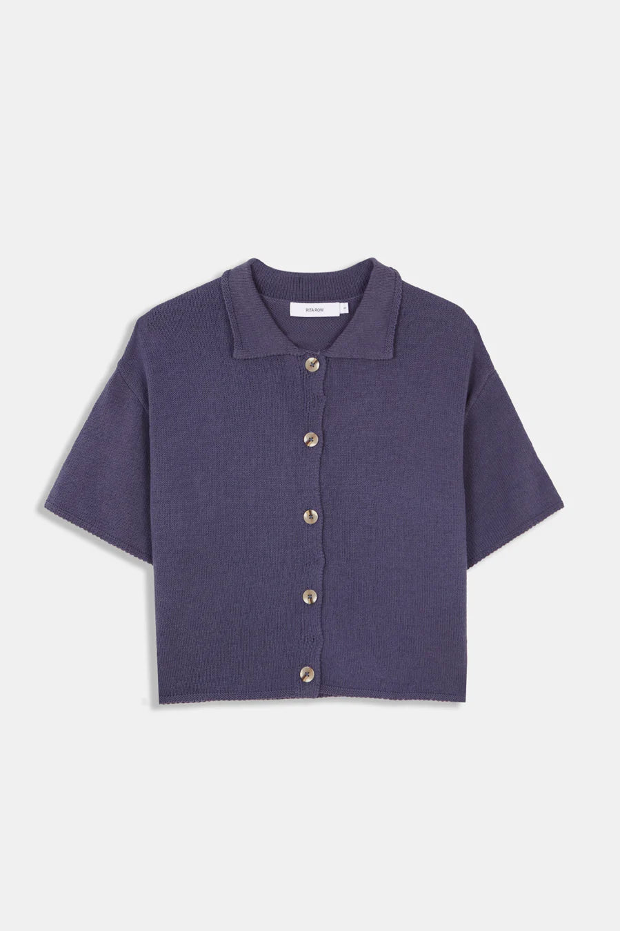 A blue knit Eros button front shirt shirt by Rita Row on a light gray background
