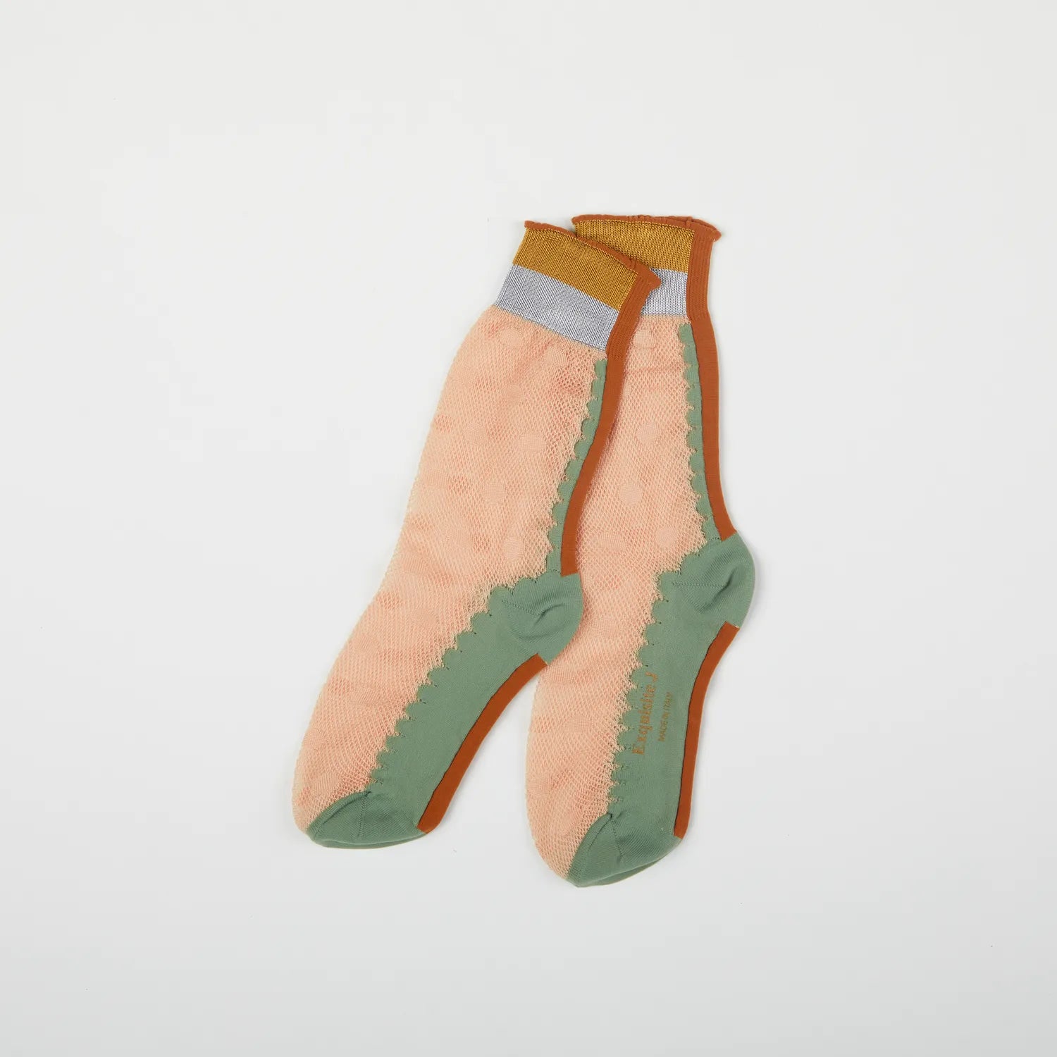 Pair of Exquisite J socks with pink and green design on a light gray background
