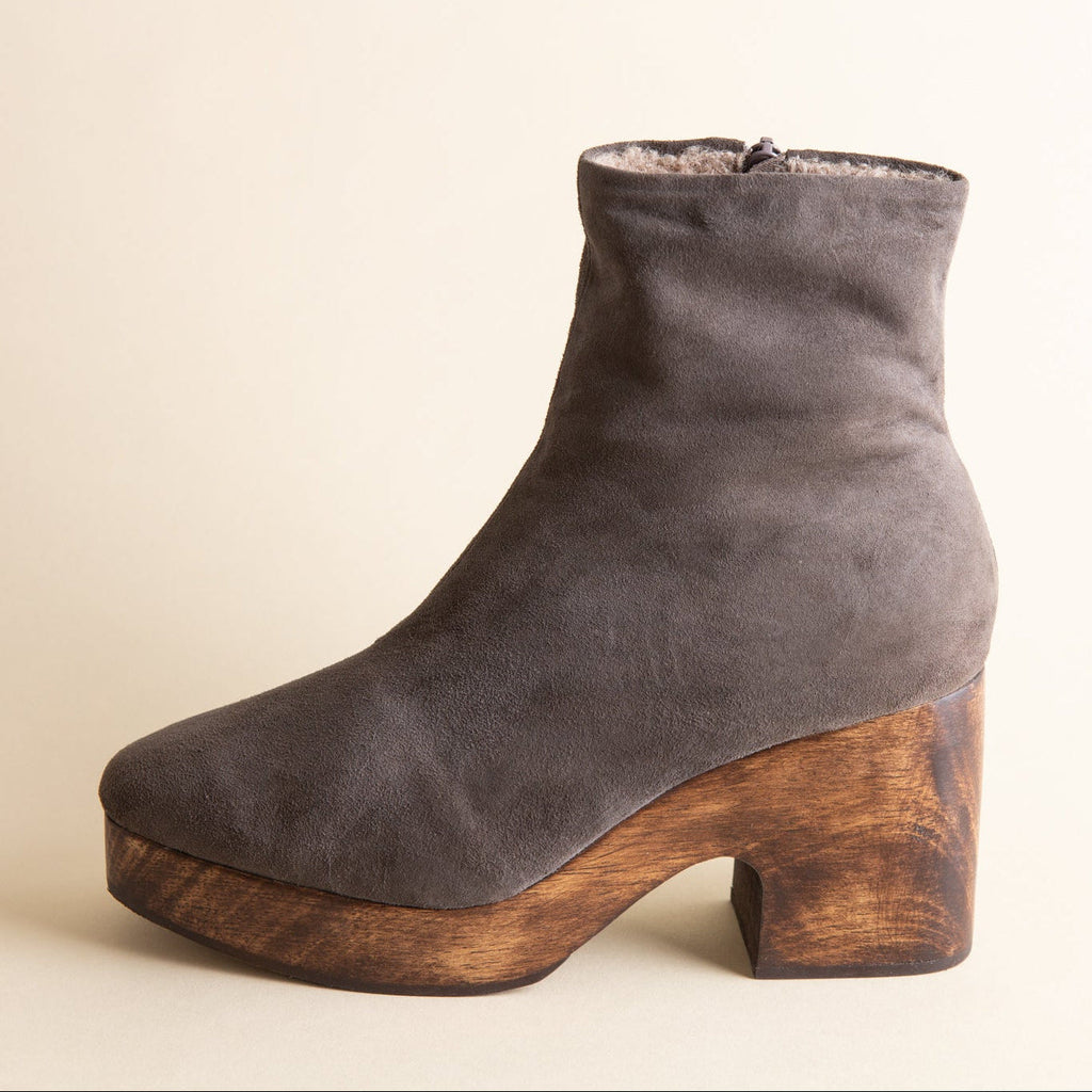 Gray ankle boot with wooden heel