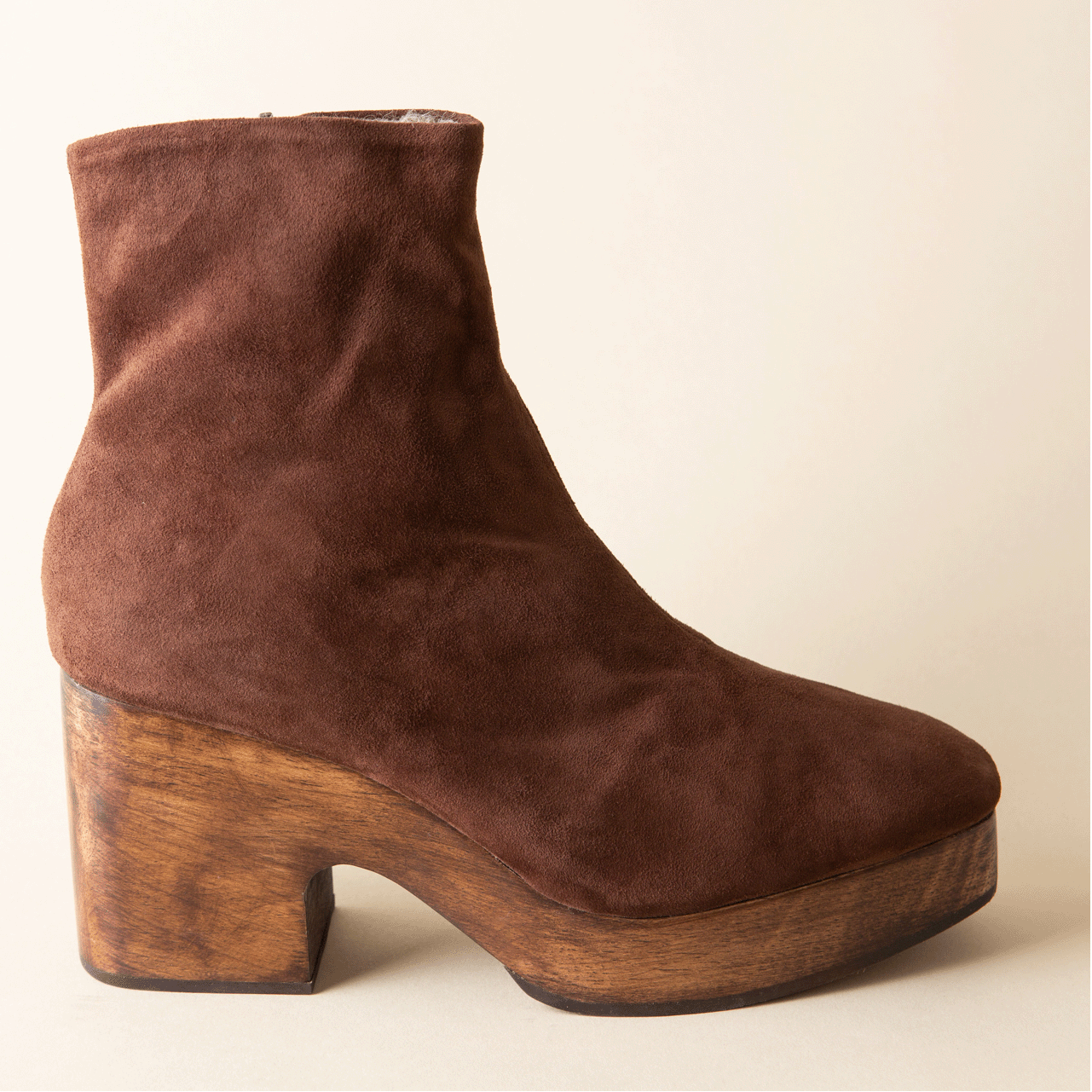 Brown suede ankle boot with wooden block heel
