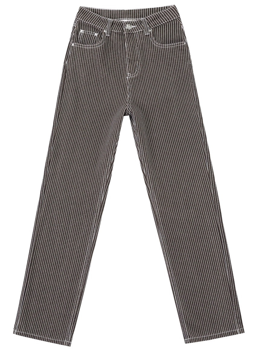 A pair of slim-fit jeans with a black and white vertical pinstripe pattern, shown flat against a solid white background. Thin Railroad stripe jeans by Fashion Brand Company.