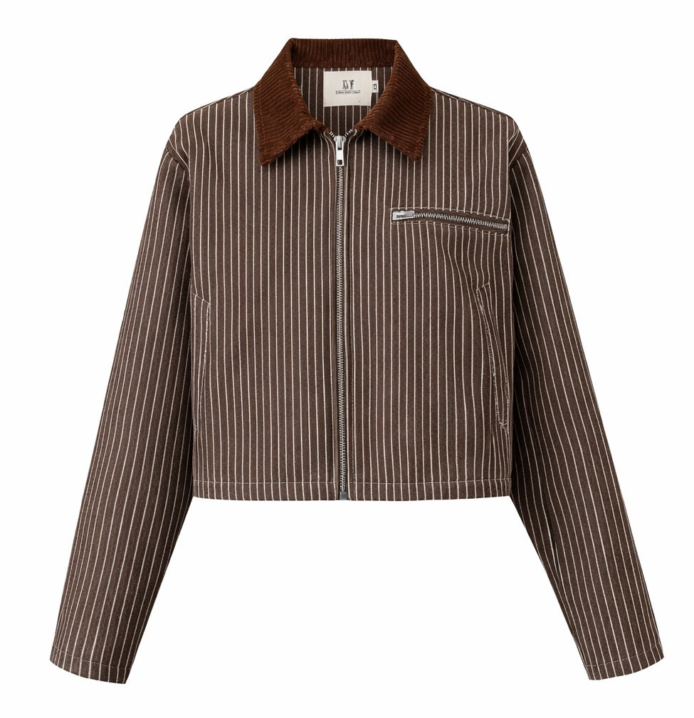 A cropped brown pinstripe jacket with a corduroy collar, front zipper, and zippered chest pocket, shown on a plain white background. Denim Construction Crop Jacket Railroad Stripe by Fashion Brand Company.