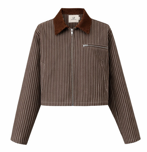 A cropped brown pinstripe jacket with a corduroy collar, front zipper, and zippered chest pocket, shown on a plain white background. Denim Construction Crop Jacket Railroad Stripe by Fashion Brand Company.