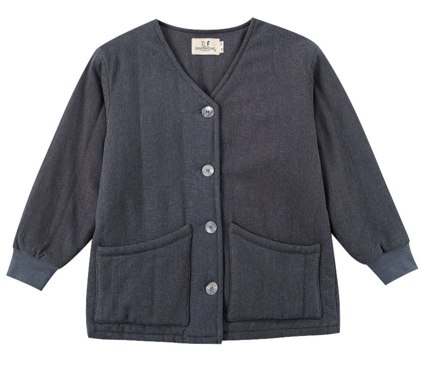 A dark gray textured cardigan with a V-neck, button closure, and two front patch pockets, shown flat on a white background.  Survival Linen Quilted Jacket by Fashion Brand Company.