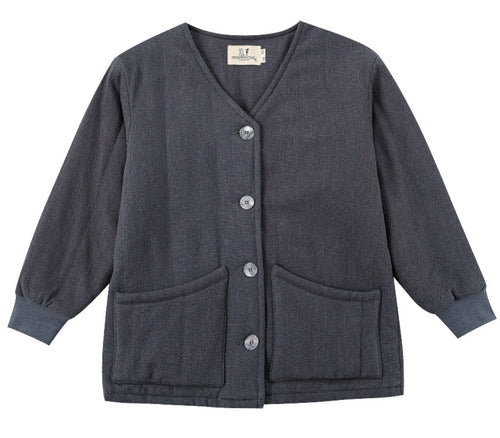 A dark gray textured cardigan with a V-neck, button closure, and two front patch pockets, shown flat on a white background.  Survival Linen Quilted Jacket by Fashion Brand Company.