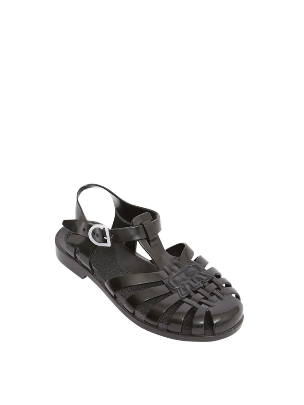 Black jelly sandal with a strap on a white background