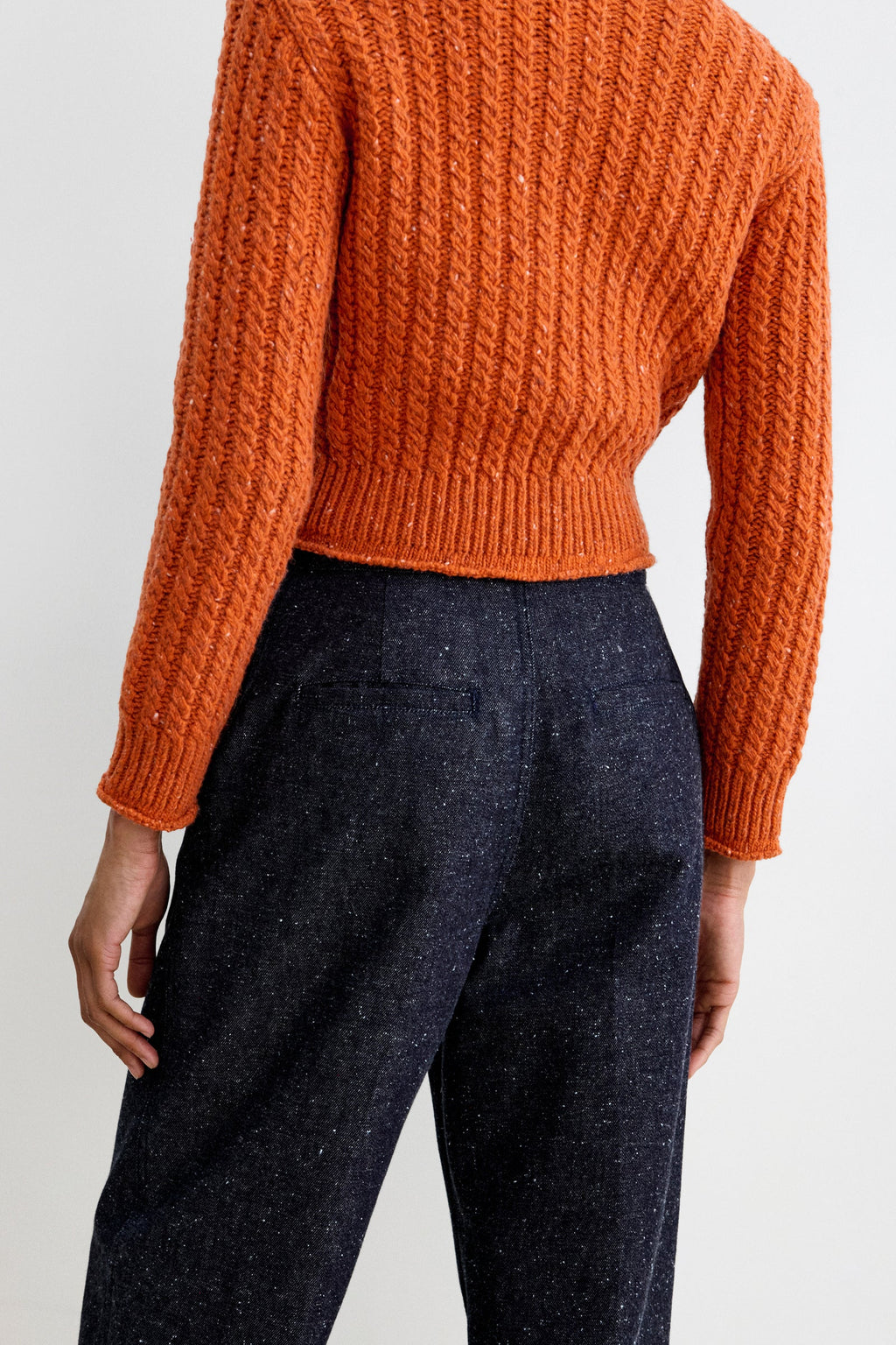 Model wearing Dark wash high waisted denim with specs - Rachel Comey Bruntin Pant