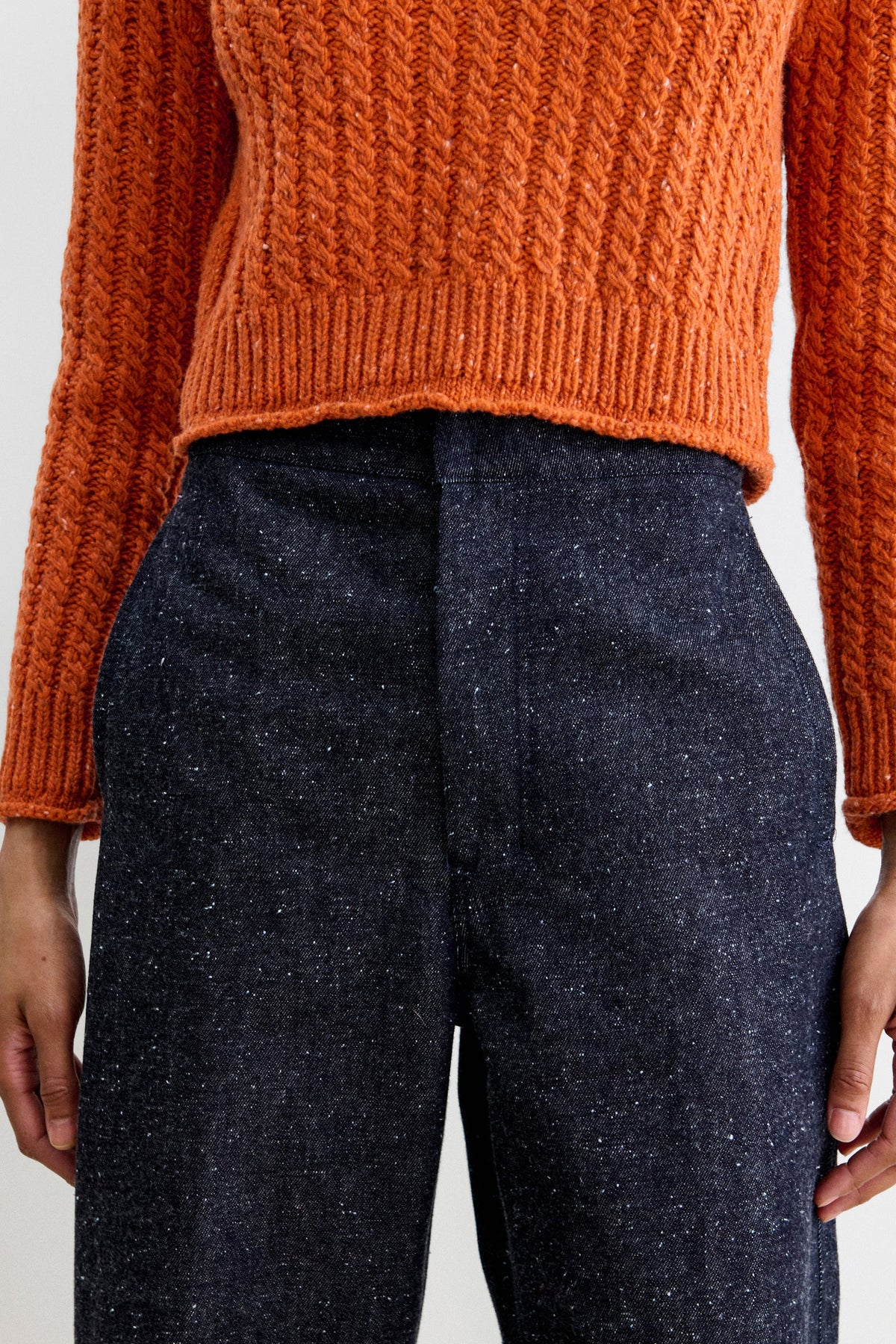 Model wearing Dark wash high waisted denim with specs - Rachel Comey Bruntin Pant