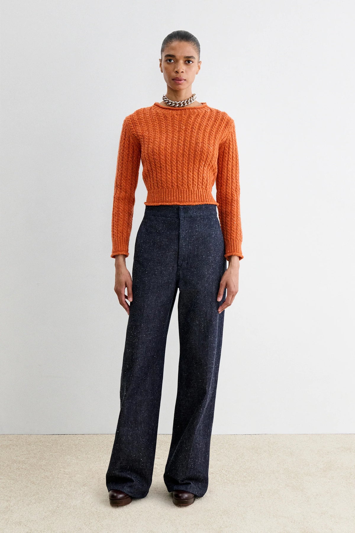 Model wearing Dark wash high waisted denim with specs - Rachel Comey Bruntin Pant
