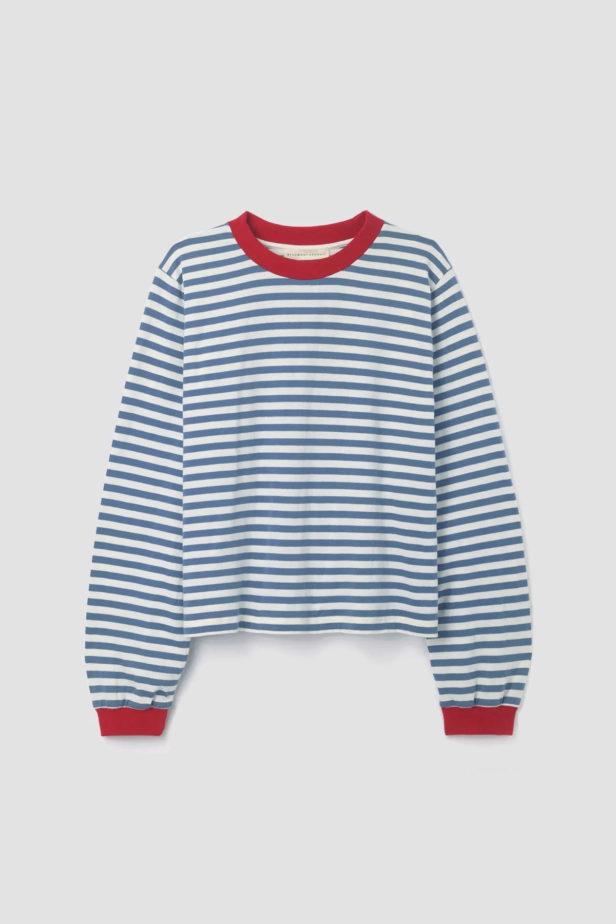 A striped Sierra Sue Long Sleeve T-shirt in Pewter Blue/off white and contrast red collar/ cuffs by Beaumont Organic.