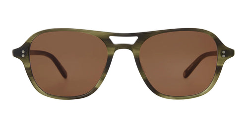 Sunglasses with brown lenses and green frames on a white background