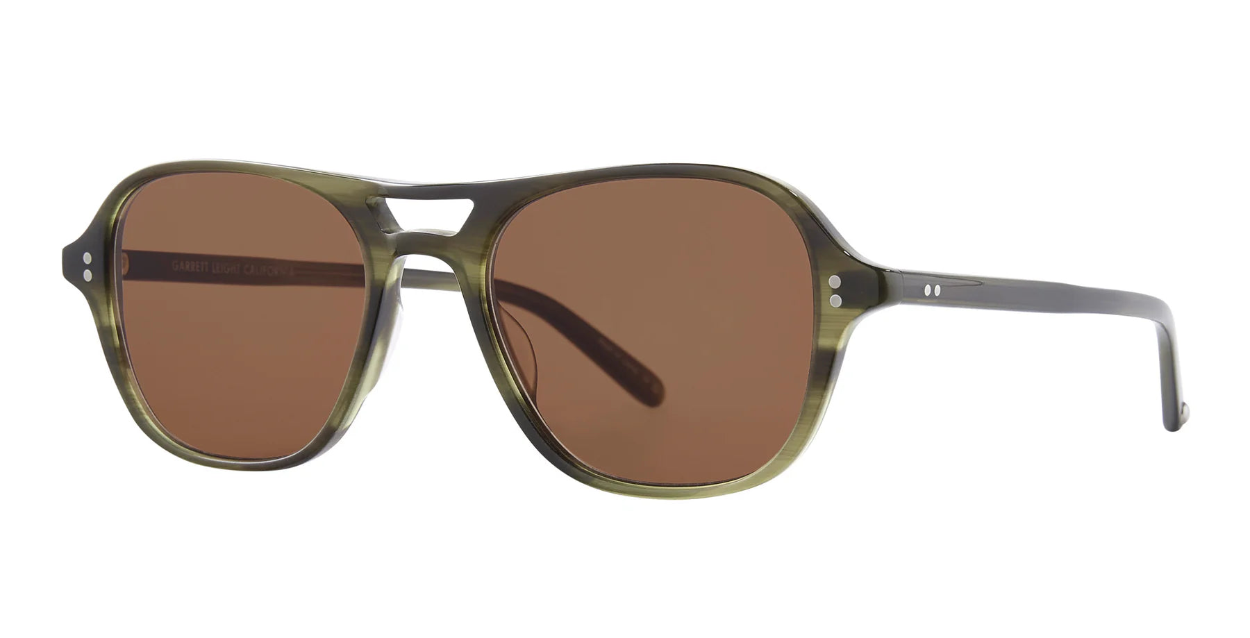 Sunglasses with brown lenses and green frame on a white background