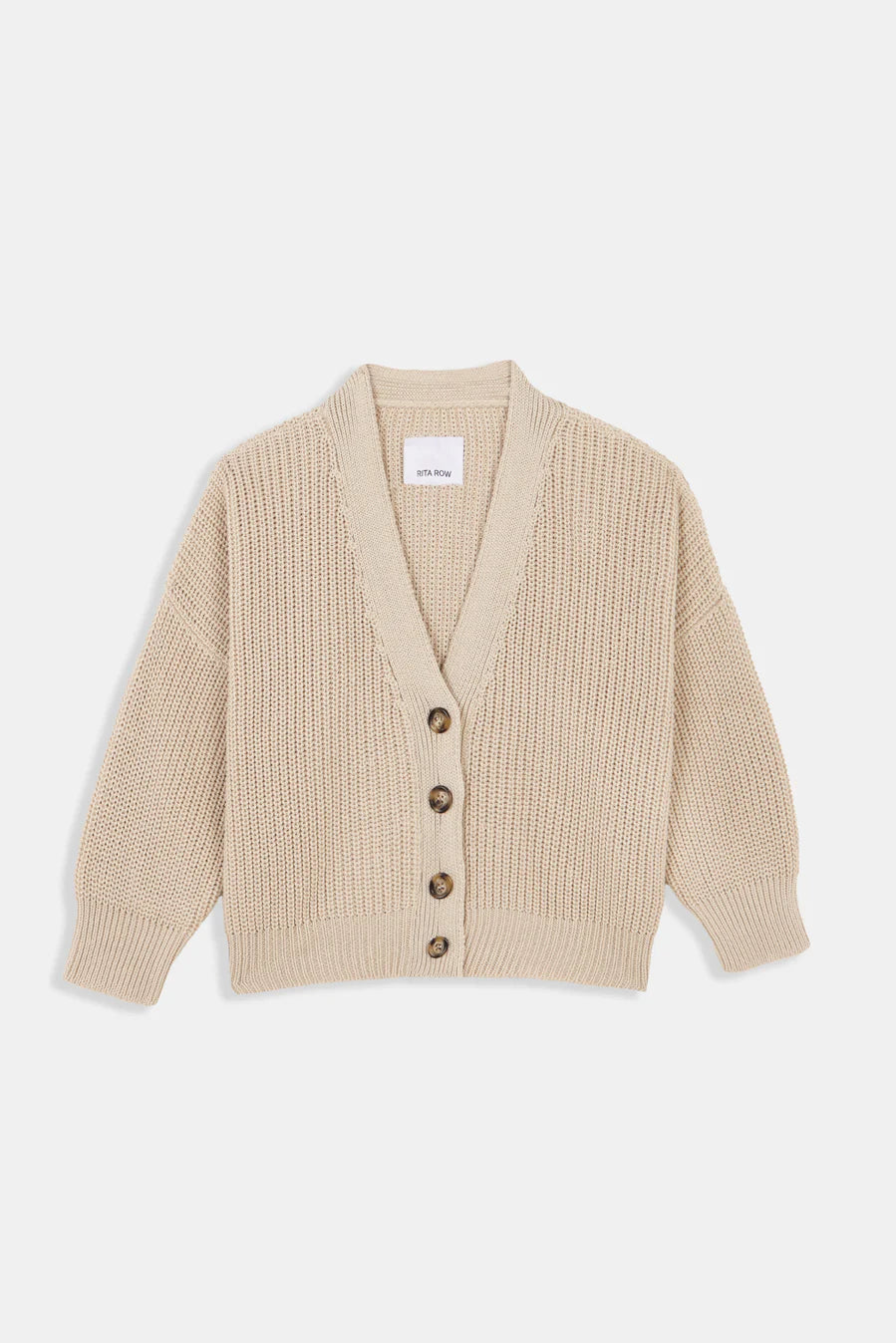 A beige Sclater knitted cardigan by Rita Row with buttons on a white background