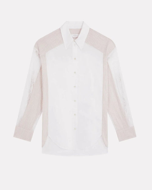 White shirt with beige stripe on a white background