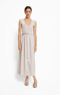 Beige poplin dress with white stripes and lace straps woman on white background.
