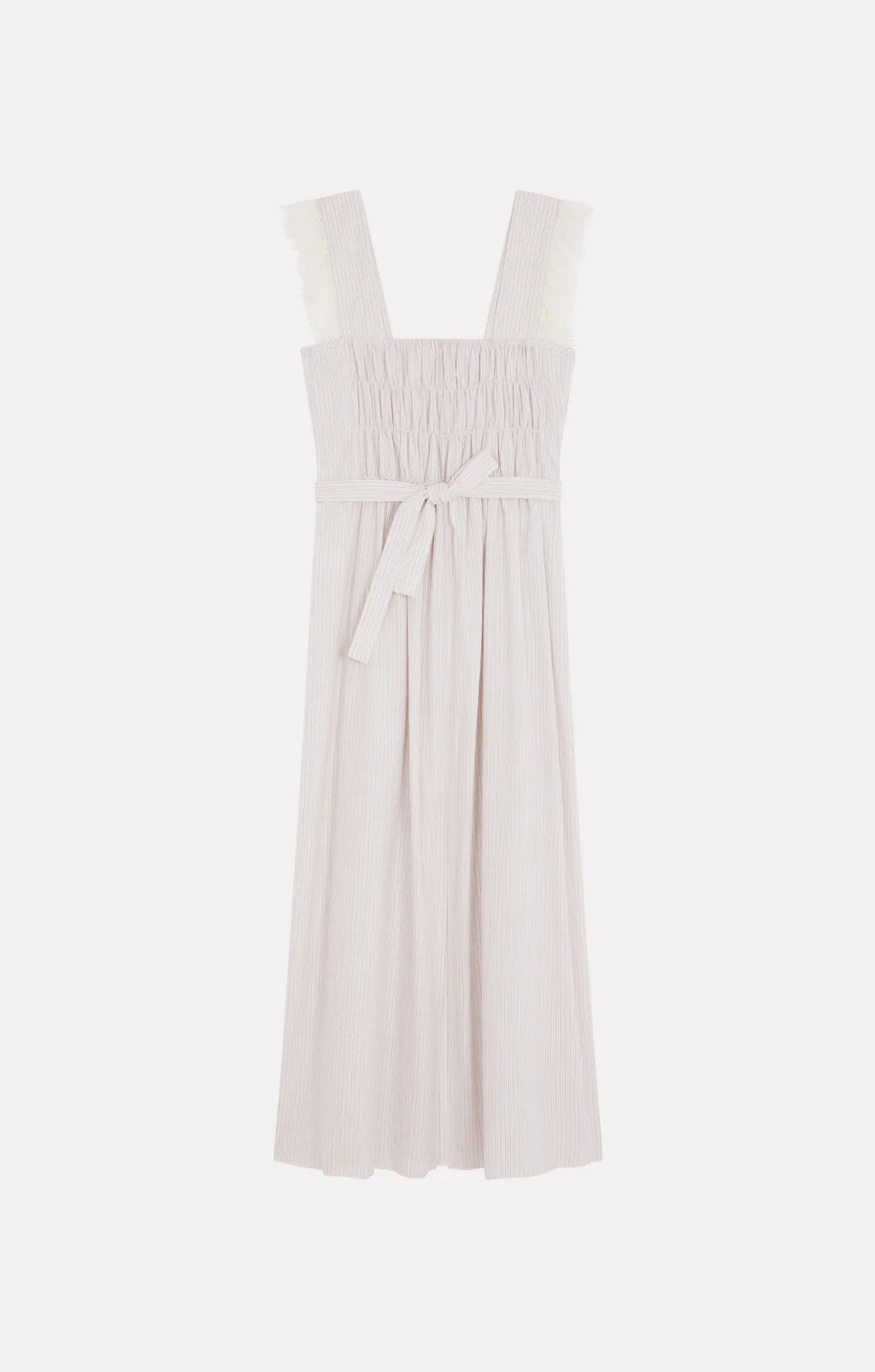 Back image of beige with white stripes dress on a white background.