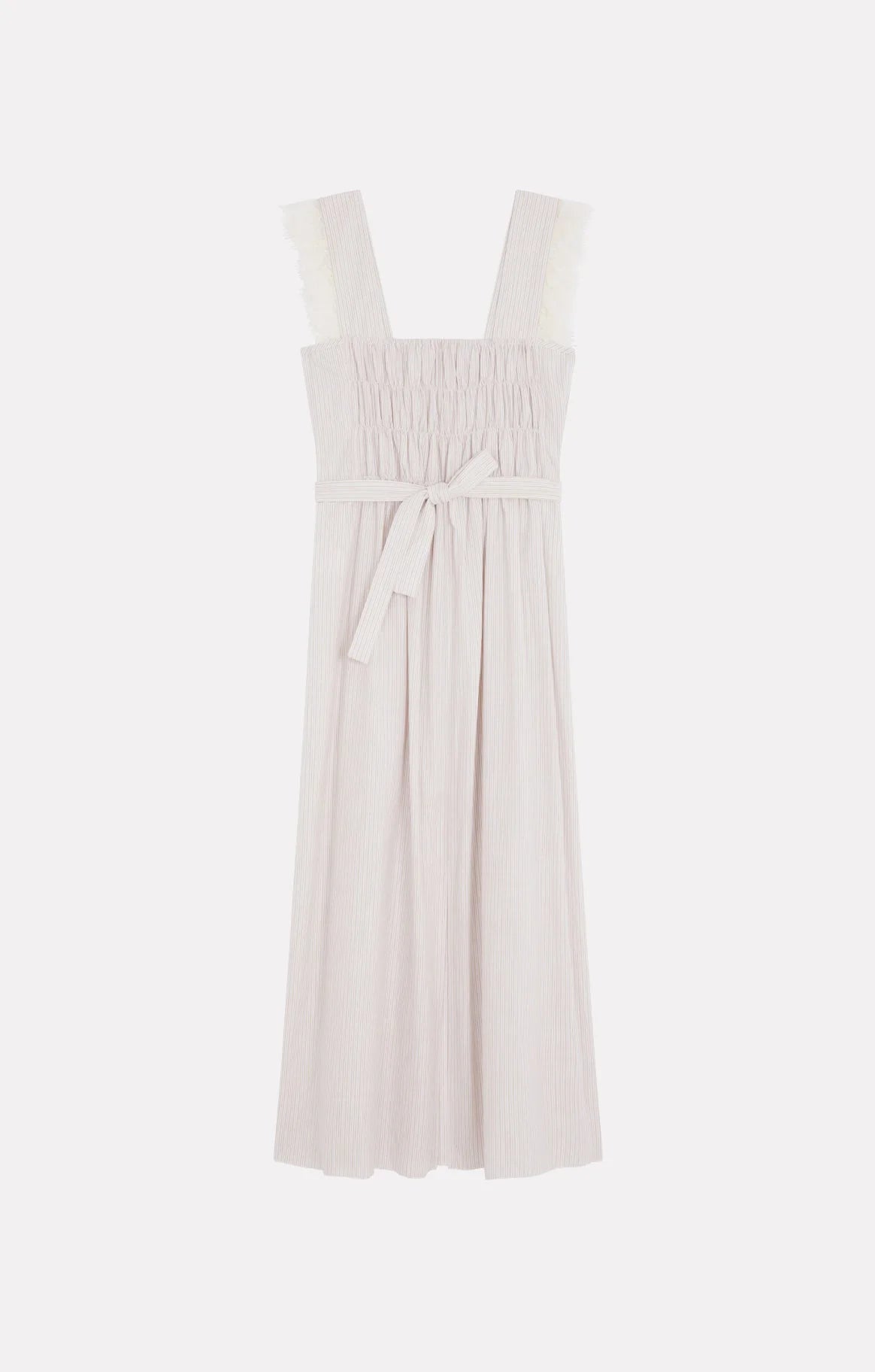 Back image of beige with white stripes dress on a white background.