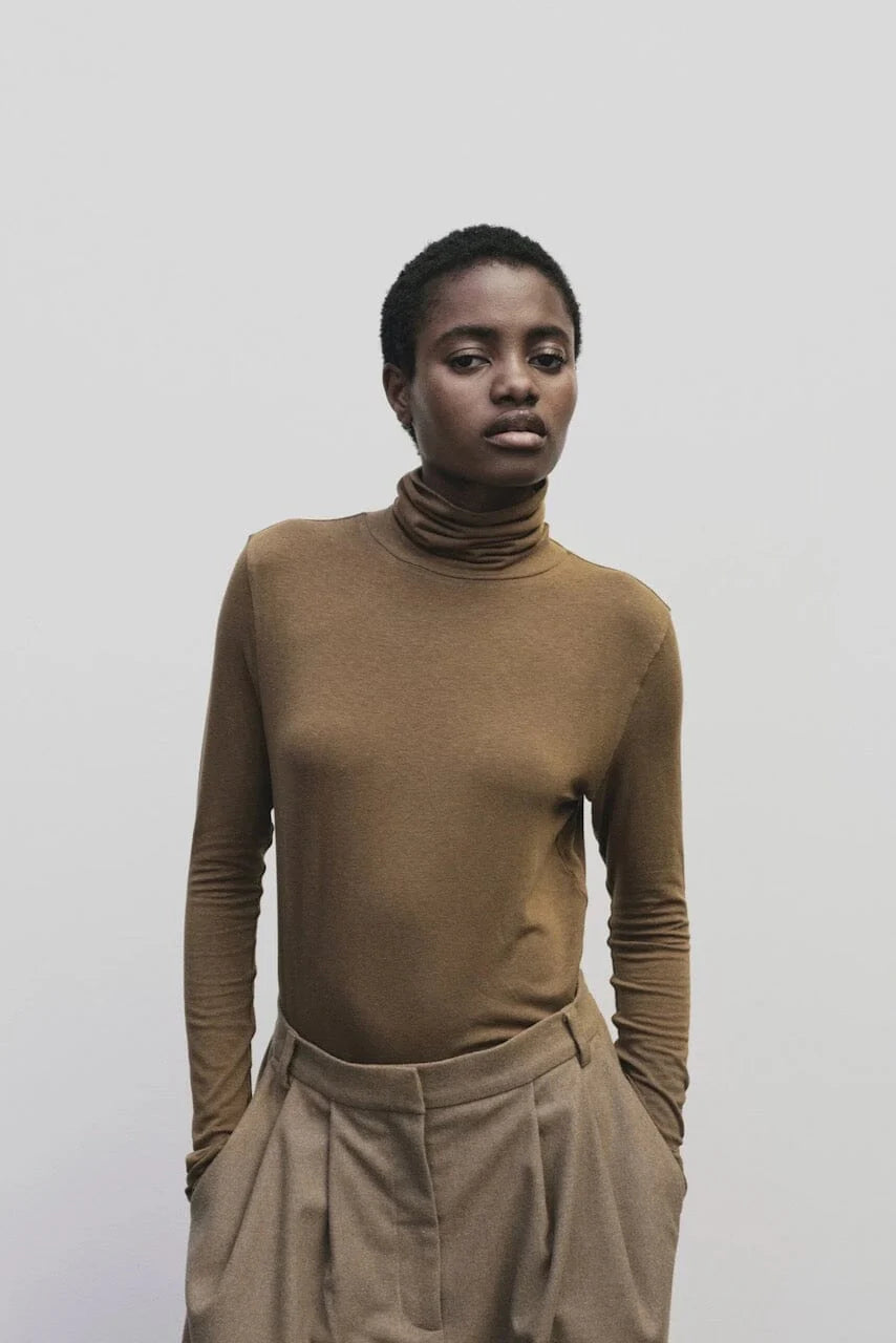 Roll Neck Jersey Top - Light Brown