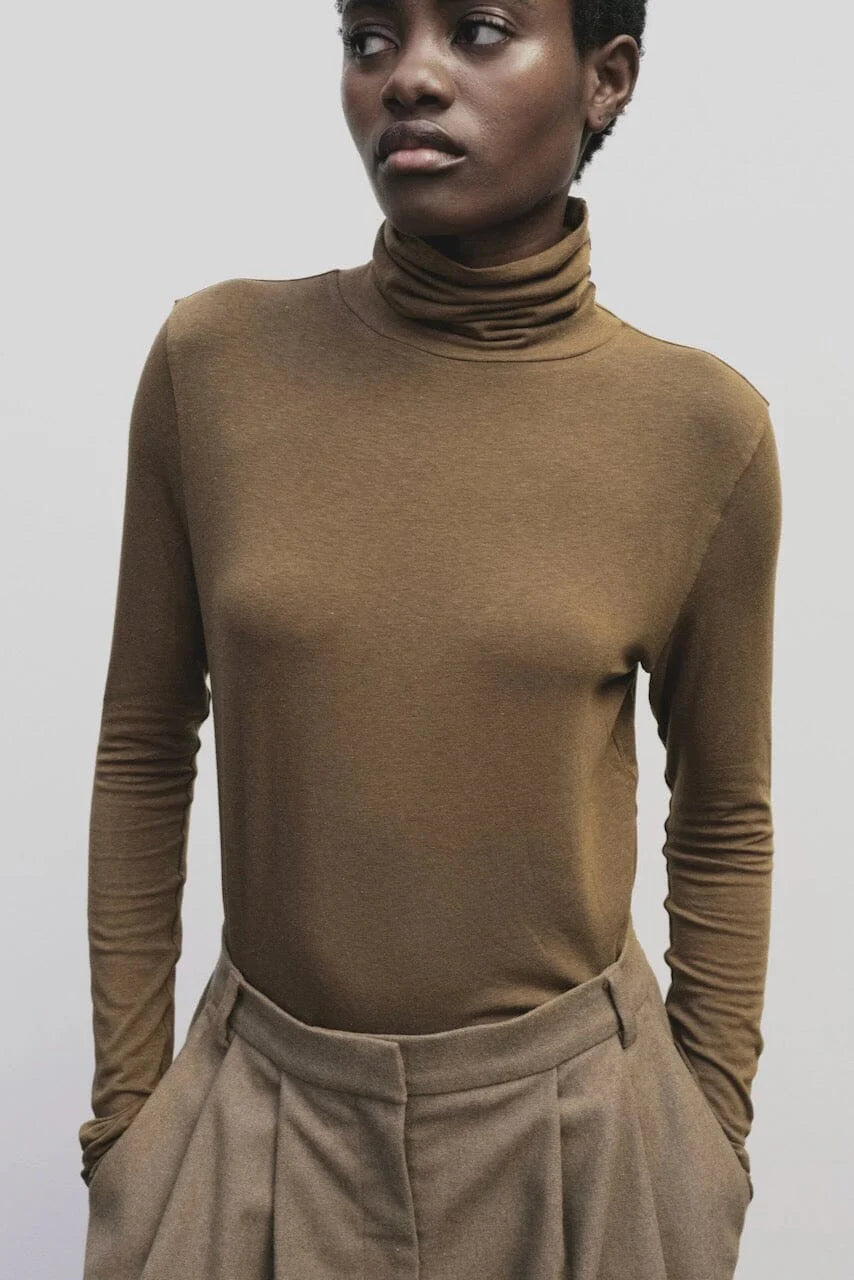 Roll Neck Jersey Top - Light Brown