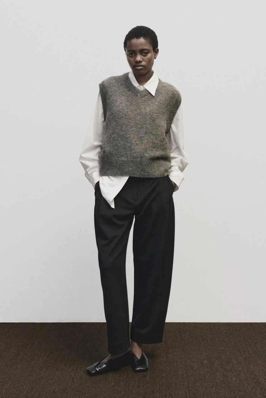 Wool Blend V-Neck Vest - Heather Brown