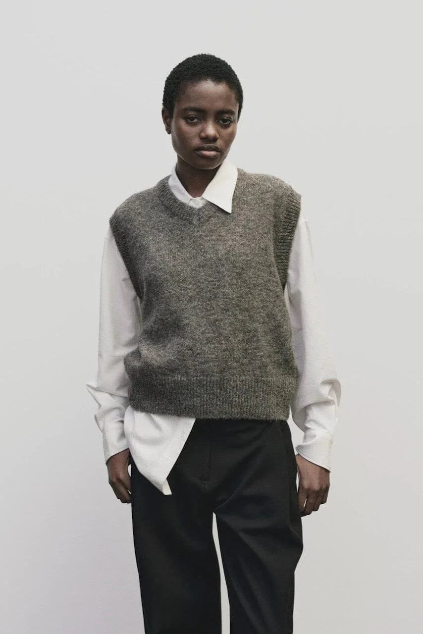 Wool Blend V-Neck Vest - Heather Brown