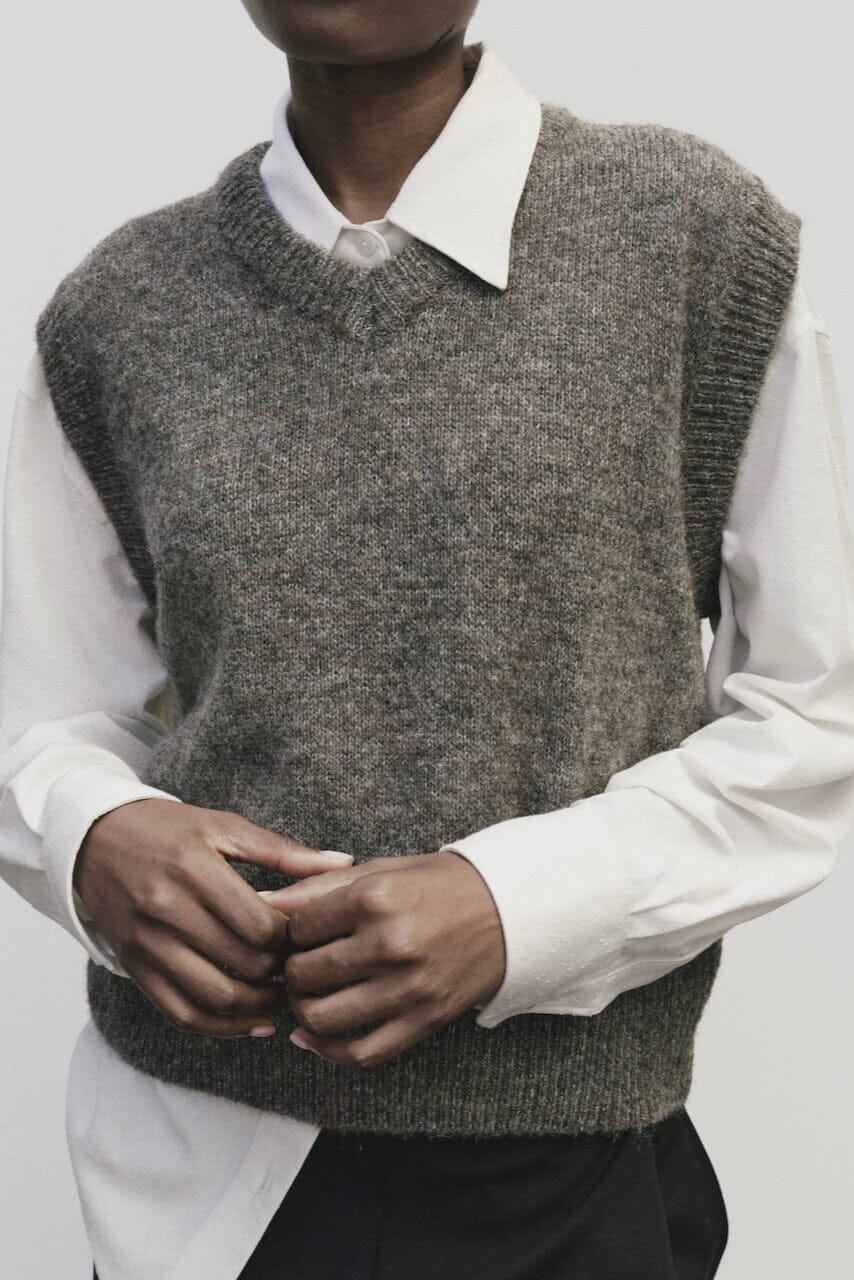 Wool Blend V-Neck Vest - Heather Brown