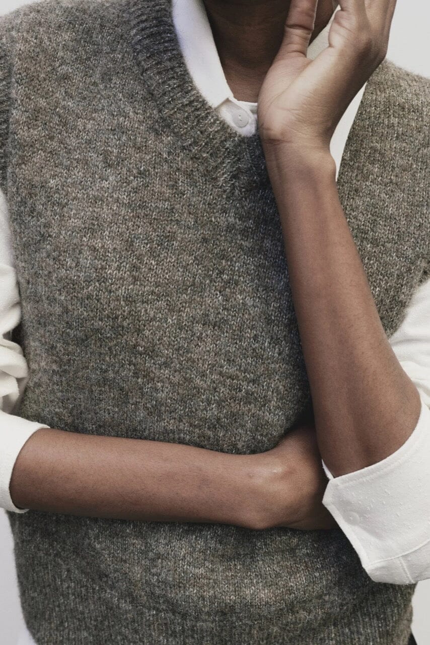 Wool Blend V-Neck Vest - Heather Brown